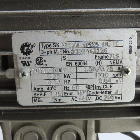 Nord SK 02-71 S/4 BRE5 HL 0.33HP Inline Gear Motor 32RPM 230/460V 3PH 646 Torq