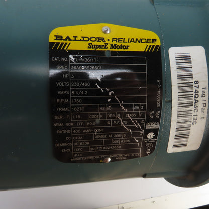 Baldor VEUHM3611T 3HP AC Electric Motor 1760RPM 230/460V 3PH 182TC Frame (NO Fan