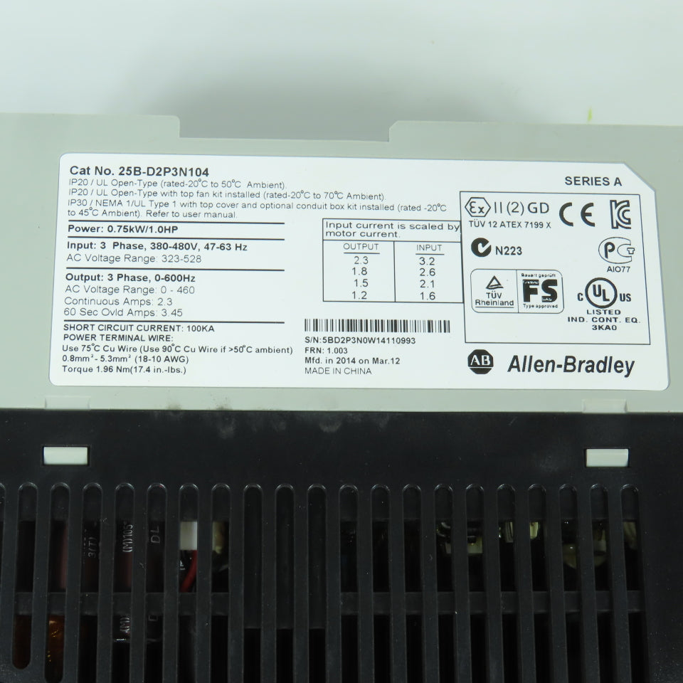 Allen Bradley 25B-D2P3N104 Ser A PowerFlex AC Drive 1HP 380-480V In 0-460V Out
