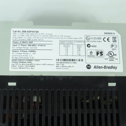 Allen Bradley 25B-D2P3N104 Ser A PowerFlex AC Drive 1HP 380-480V In 0-460V Out