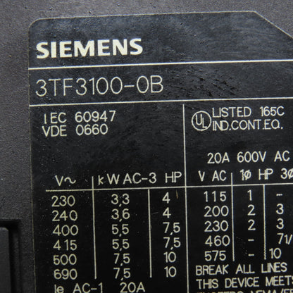 Siemens 3TF3100-0B 600V 20A Contactor Relay 24VDC Coil Lot Of 2