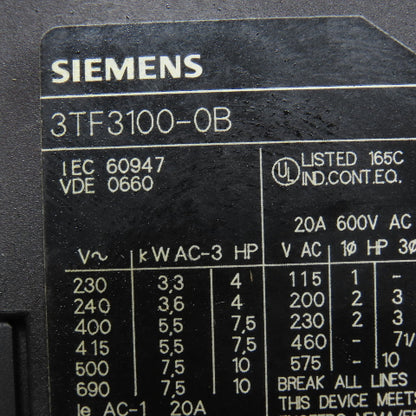 Siemens 3TF3100-0B 600V 20A Contactor Relay 24VDC Coil Lot Of 2