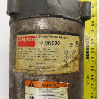 Dayton 9N096 3/4HP AC Electric Pump Motor 3450RPM 230/460V 3PH 56J Frame Tested