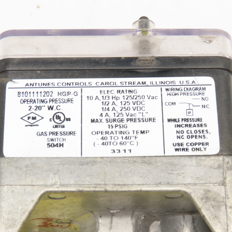 Antunes Controls HGP-G 120/250VAC 10A 2-20"WC Pressure Switch