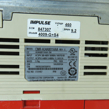 Yaskawa CIMR-AU4A0011AAA Rev E Impulse AC Drive 11.1/9.2A Output 380-480V In