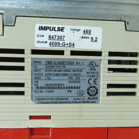 Yaskawa CIMR-AU4A0011AAA Rev E Impulse AC Drive 11.1/9.2A Output 380-480V In