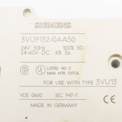 Siemens 3VU9132-0AA50 24V 50Hz Shut Release For 3VU13/16 Motor Control