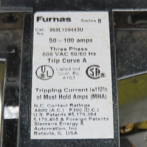 Furnas 958L109443U 600VAC 3Ph Solid State Overload Phase Loss Relay 50-100A