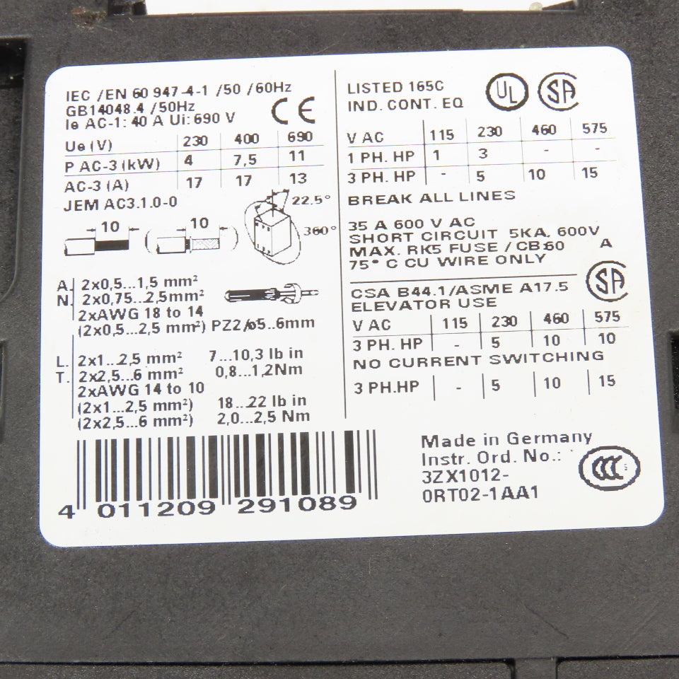 Siemens 3RT1025-1BB40 Motor Starter Contactor 600V 25A 24VDC Coil
