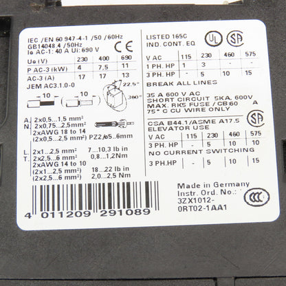 Siemens 3RT1025-1BB40 Motor Starter Contactor 600V 25A 24VDC Coil