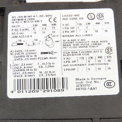 Siemens 3RT1025-1BB40 Motor Starter Contactor 600V 25A 24VDC Coil