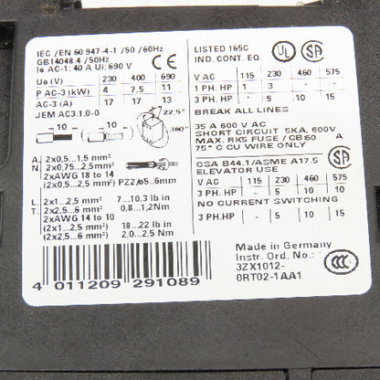 Siemens 3RT1025-1BB40 Motor Starter Contactor 600V 25A 24VDC Coil