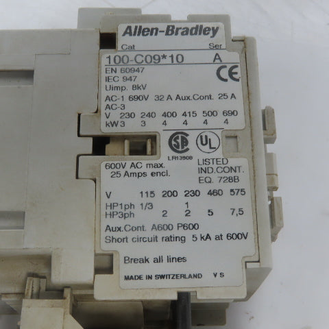 Allen Bradley 100-C09*10 Ser. A 10Hp 30A Contactor W/193-EA1DB Thermal Overload