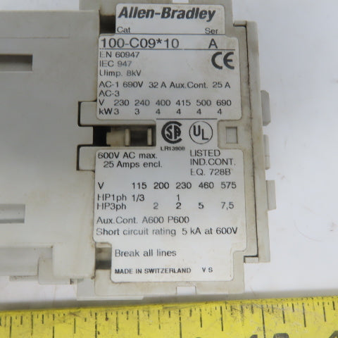 Allen Bradley 100-C09*10 Ser. A 10Hp 30A Contactor W/120V Coll