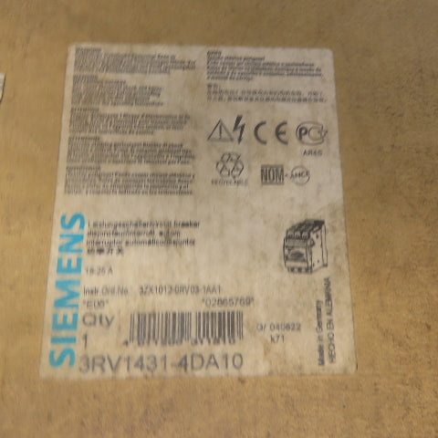 Siemens 3RV1431-4DA10 Circuit Breaker 18-25A 25HP