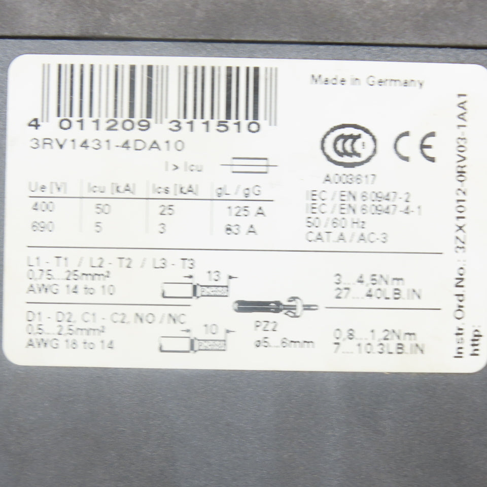 Siemens 3RV1431-4DA10 Circuit Breaker 18-25A 25HP