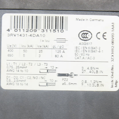 Siemens 3RV1431-4DA10 Circuit Breaker 18-25A 25HP