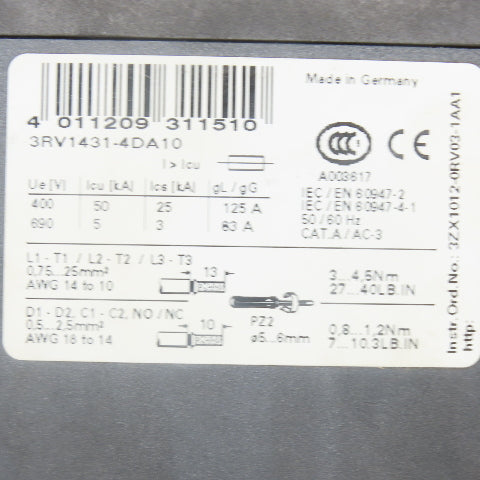 Siemens 3RV1431-4DA10 Circuit Breaker 18-25A 25HP
