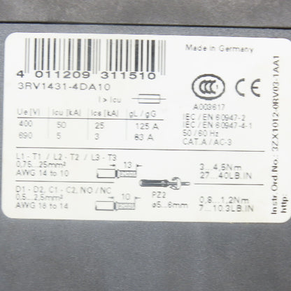 Siemens 3RV1431-4DA10 Circuit Breaker 18-25A 25HP