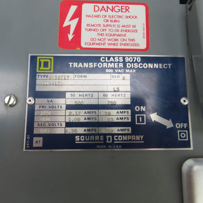 Square D Class 9070 SK5271T 750VA Transformer Disconnect HV 230/460V LV 115V 1PH
