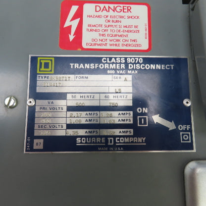 Square D Class 9070 SK5271T 750VA Transformer Disconnect HV 230/460V LV 115V 1PH
