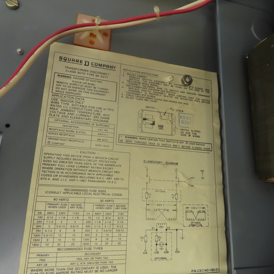 Square D Class 9070 SK5271T 750VA Transformer Disconnect HV 230/460V LV 115V 1PH
