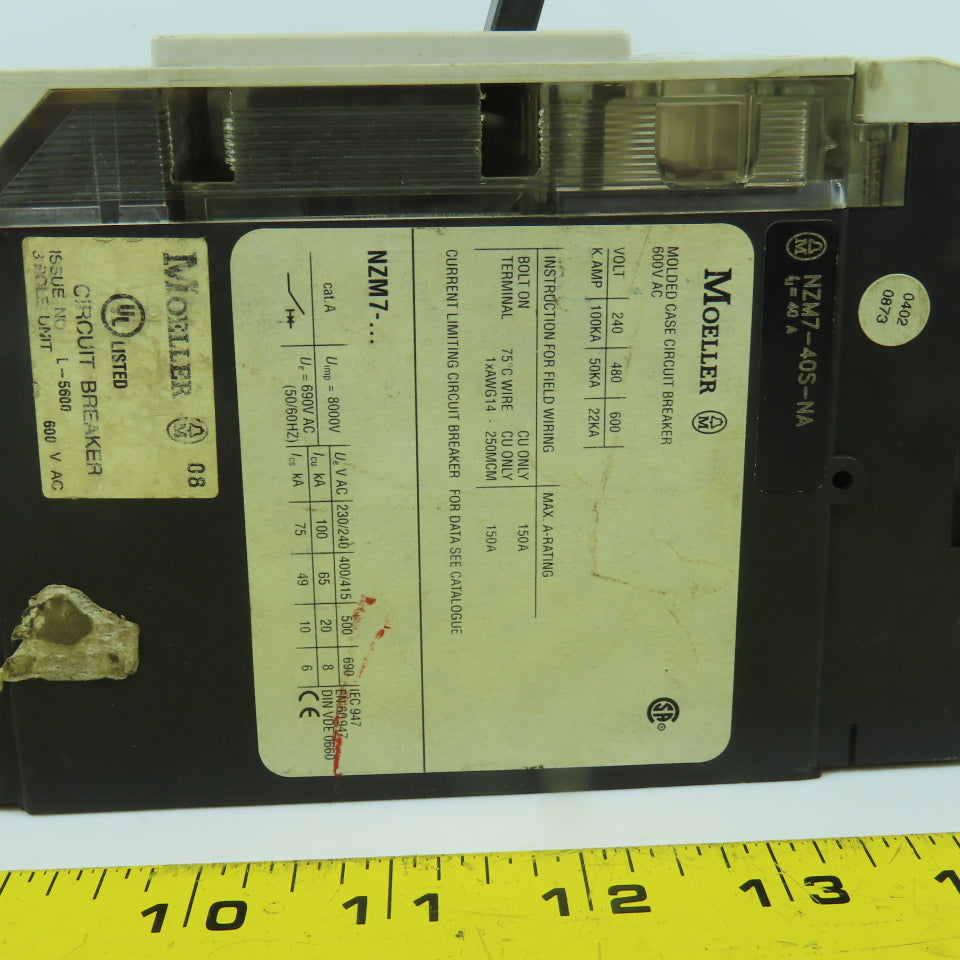 Moeller NZM7-40S-NA 40A Molded Case Circuit Breaker 600V AC W/ Adjustable Trip