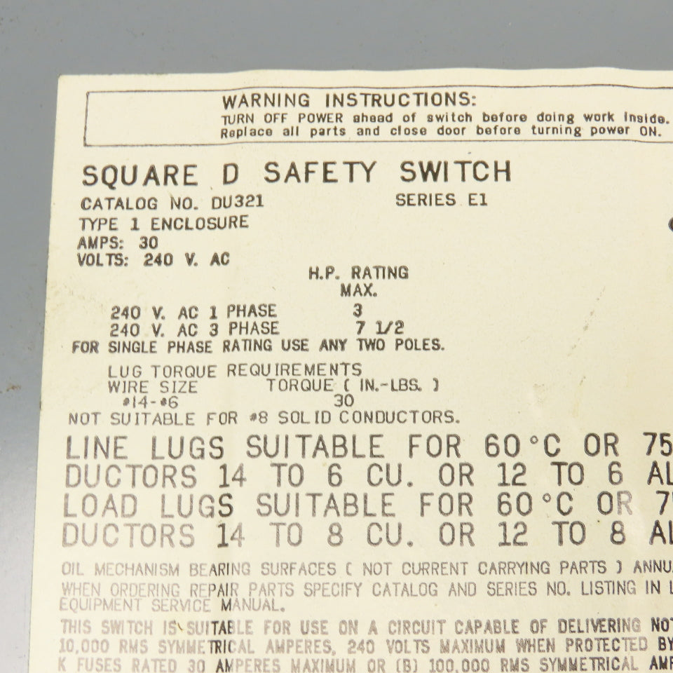 Square D DU321 30A 240V 3 Pole Non Fused Manual Disconnect Switch Type 1