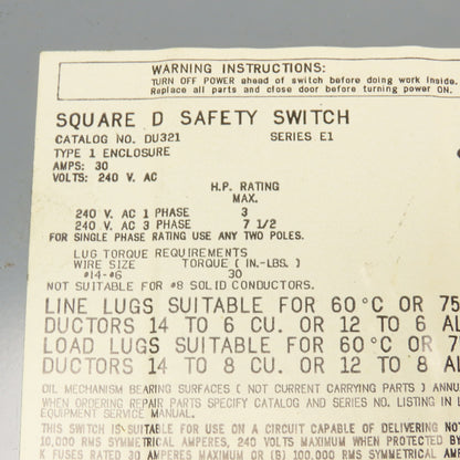 Square D DU321 30A 240V 3 Pole Non Fused Manual Disconnect Switch Type 1