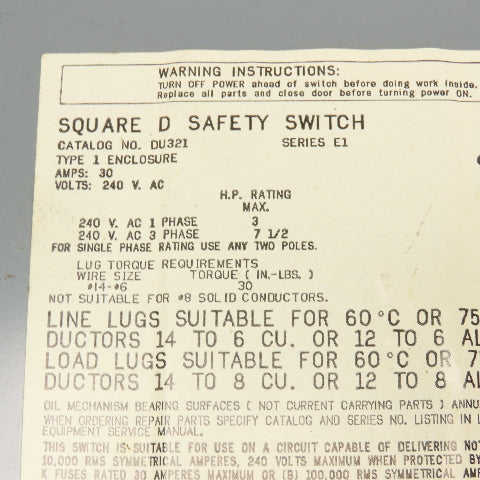 Square D DU321 30A 240V 3 Pole Non Fused Manual Disconnect Switch Type 1