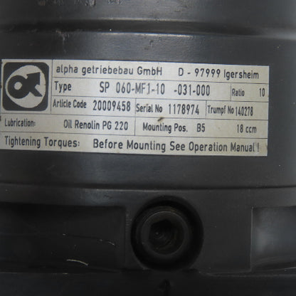 Alpha SP 060-MF1-10 Servo Speed Reduce 10;1 Ratio Trumpf Material #140278