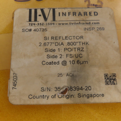 II-VI Infrared SI Reflector Mirror 2.677 Diameter 0.800Thick PO/TRZ FS/UC Coated
