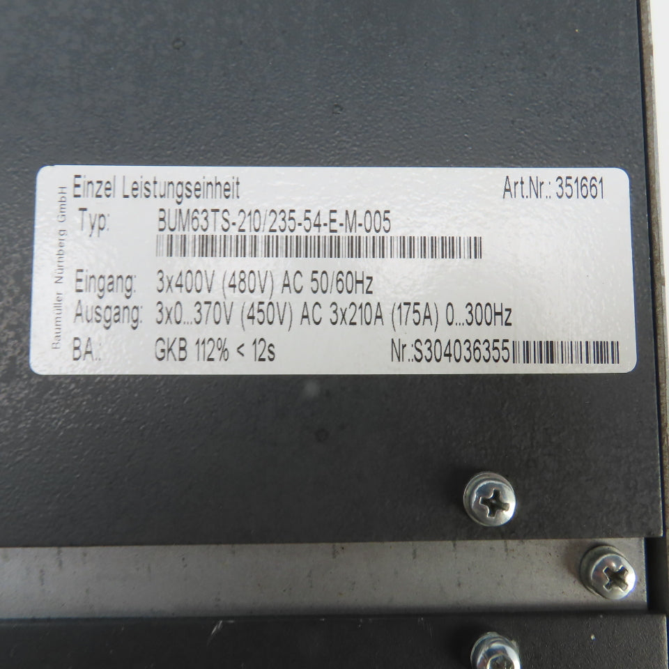 Baumuller BUM63TS-210/235-54-E-M-005 AC Servo Drive In 3PH 400V (480V) 50/60HZ