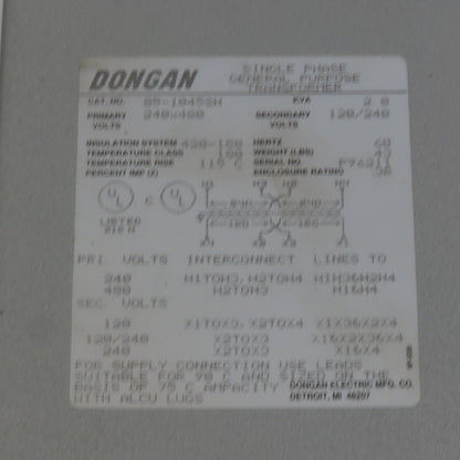 Dongan 85-1045SH 2 kVA Single Phase Transformer 240/480 HV 120/240 LV