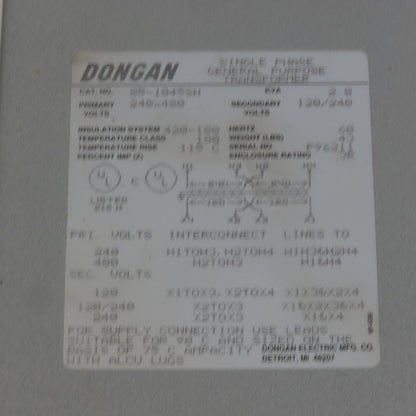 Dongan 85-1045SH 2 kVA Single Phase Transformer 240/480 HV 120/240 LV