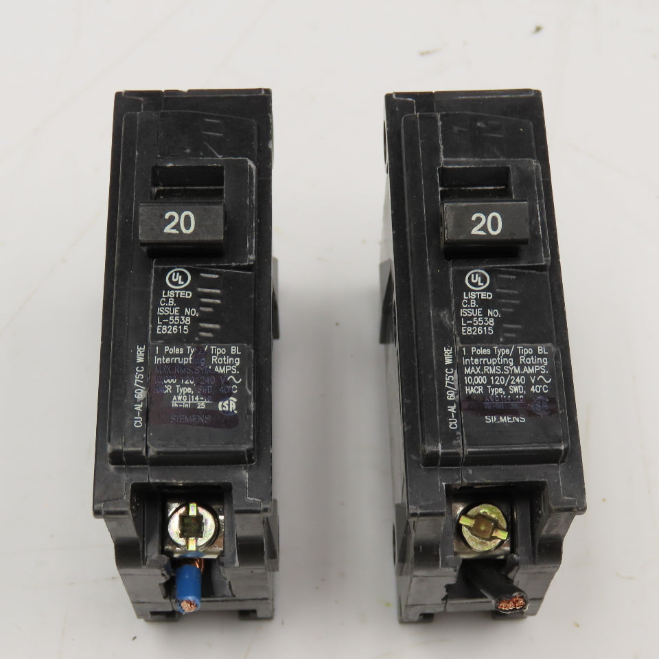 Siemens B120 20A 120/240V Single Pole Type BL Circuit Breaker Lot Of 2