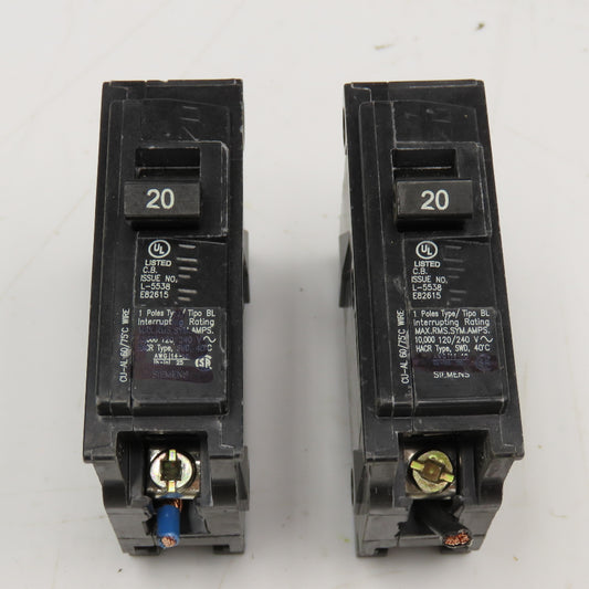 Siemens B120 20A 120/240V Single Pole Type BL Circuit Breaker Lot Of 2