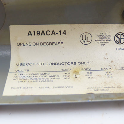 Johnson Controls A19ACA-14 600V 125VA Temperature Controller -20-100