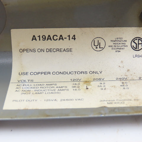 Johnson Controls A19ACA-14 600V 125VA Temperature Controller -20-100