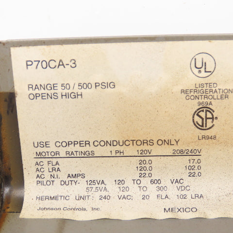 Johnson Controls P70CA-3 600V 125VA Pressure Switch 50/500PSI Opens High