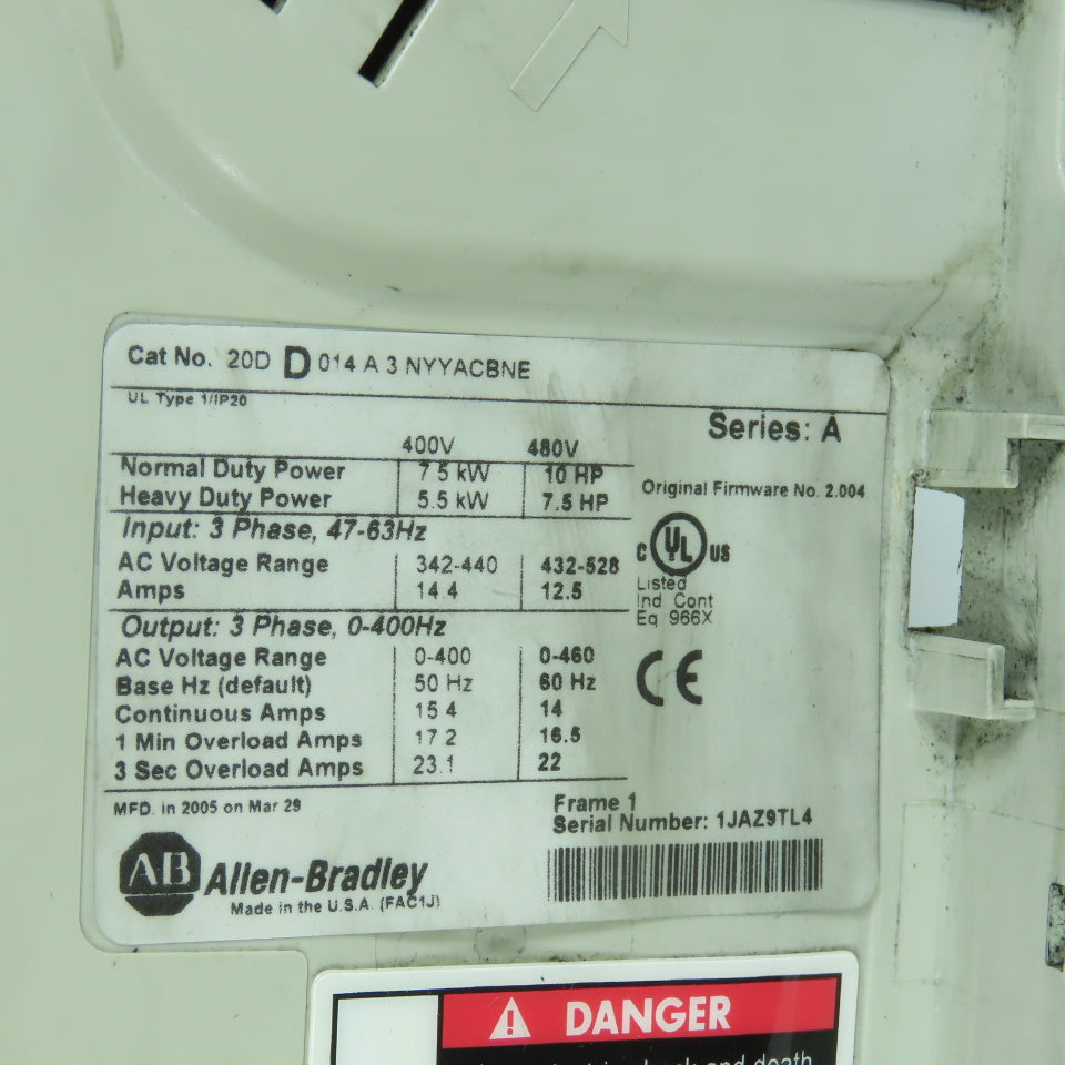 Allen Bradley 20DD014A3NYYACBNE Ser A 7.5kW 10HP AC Drive 460V 3PH Parts/Repair
