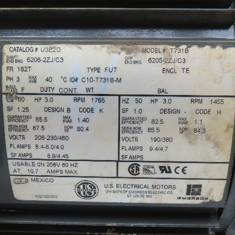 US Electric U3E2D 3Hp 765RPM AC Motor 208-230/460V 3Ph 182T Frame