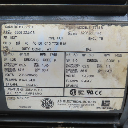 US Electric U3E2D 3Hp 765RPM AC Motor 208-230/460V 3Ph 182T Frame