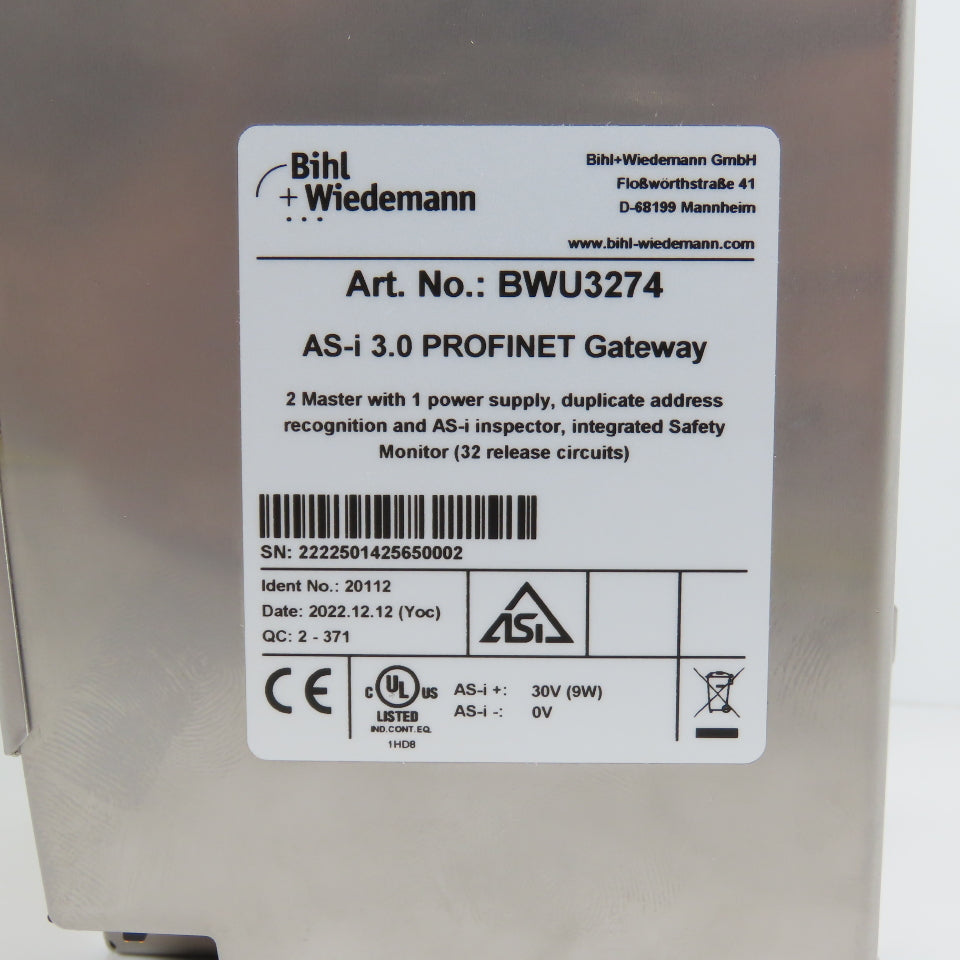 Bihl Wiedemann BWU3274 AS-I 3.0 Profinet Gateway W/ 	Integrated Safety Monitor