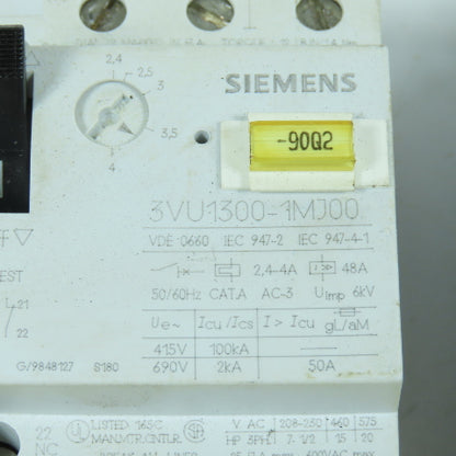 Siemens 3VU1300-1MJ00 2.4 - 4A Motor Protector Circuit Breaker 600V AC Lot Of 2