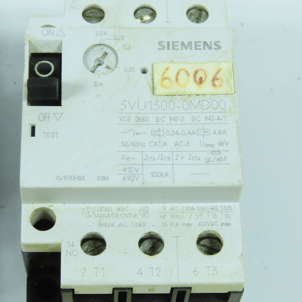 Siemens 3VU1300-0MD00 0.24-0.4A Motor Protector Circuit Breaker 600VAC Lot Of 2