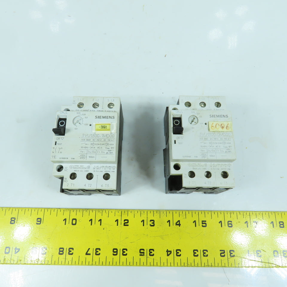 Siemens 3VU1300-0MD00 0.24-0.4A Motor Protector Circuit Breaker 600VAC Lot Of 2
