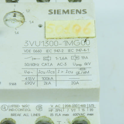 Siemens 3VU1300-1MG00 1 - 1.6A Motor Protector Circuit Breaker 600VAC Lot Of 2