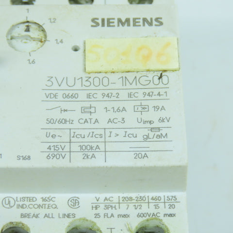 Siemens 3VU1300-1MG00 1 - 1.6A Motor Protector Circuit Breaker 600VAC Lot Of 2