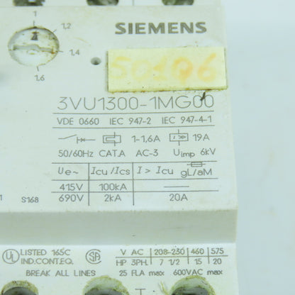 Siemens 3VU1300-1MG00 1 - 1.6A Motor Protector Circuit Breaker 600VAC Lot Of 2
